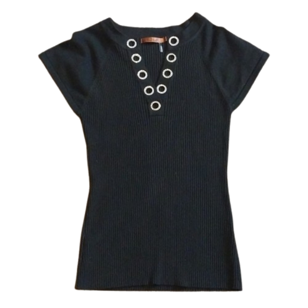 Belldini Stretch Knit Eyelet Bling Rhinstone Y2k 90s Top 2000s Vintage Punk